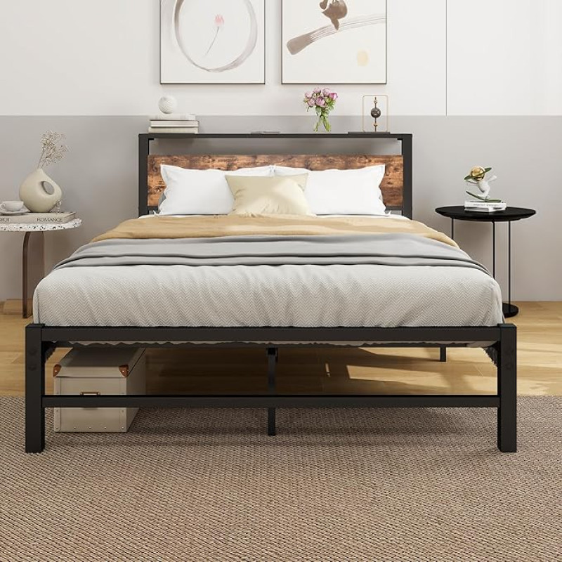 ARFARLY Metal Bed Frame 140 x 200 cm with Wooden Headboard, Metal Bed Frame with Slatted Frame, Guest Bed, Robust Durable, Youth Bed, Easy to Assemble