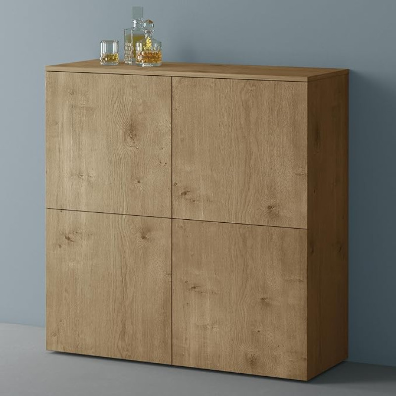 Mai & Mai Furniture Chest of Drawers Storage Cabinet with 4 Doors in Core Oak Sideboard Cabinet Multi-Purpose Cabinet Width 100 x 36.4 x 98 cm