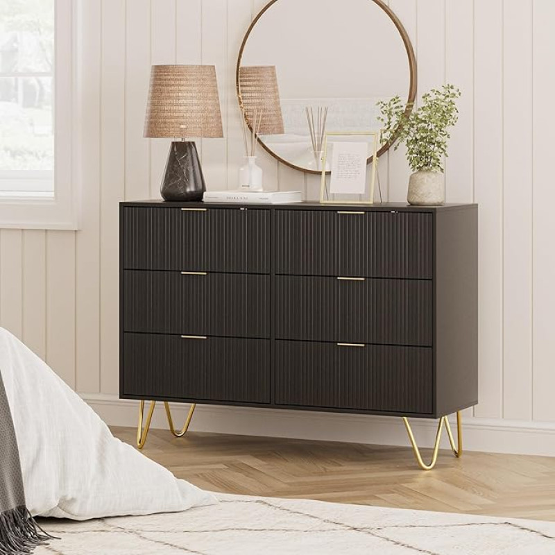 HEYZOEY Chest of Drawers with 6 Drawers, 100 x 34 x 73 cm, Chest of Drawers with Drawers, Hallway Sideboard for Bedroom, Living Room, Cupboard, Entrance, Black