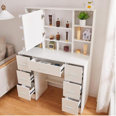 Buildonely Large Dressing Table with LED Lights and Mirror, Dressing Table with 7 Large Drawers and Stool for Daughter, Adjustable Brightness and 3 Colour Temperatures, White, 100 x 40 x 140 cm