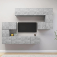 Homgoday TV-Schrank-Set, 8-teilig, Grau, Beton, Spanplatte, TV-Schrank, niedriger TV-Schrank, Couchtisch, TV-Ständer für Wohnzimmer