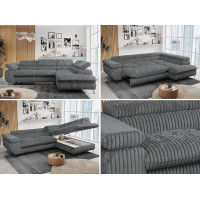 MKS MEBLE Corner Sofa Cord Sofa, Grey, Living Landscape L-Shape with Sleep Function and Bed Box, Sofa Bed with Bed Box, Sofa with Adjustable Headrests, Peter L - Dark Grey Cord - Right Grey