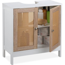 Relaxdays 60 cm Wide 2 Compartment Washbasin Cabinet with Wicker Opening / Bathroom Cabinet / White / Natural