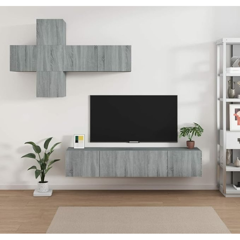 Homgoday TV Furniture Set, Sonoma Grey Multilayer Wood TV Cabinet Low TV Cabinet Coffee Table TV Stand for Living Room 7 Pieces