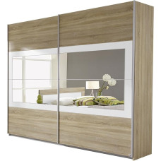 Rauch Möbel Venlo Wardrobe, Sliding Door Wardrobe, Sonoma Oak/White, 2 Doors with Mirror, Includes Basic Accessory Pack of 3 Clothes Rails and 3 Shelves, 226 x 210 x 62 cm (W x H x D)