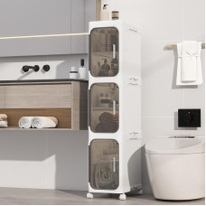 KHNR Narrow Bathroom Cabinet with 3 Levels and Wheels, 20 x 33 x 97 cm, Foldable, Magnetic Door, Waterproof & Mildew Resistant, White with Transparent, PP Plastic Shelf with Shelves
