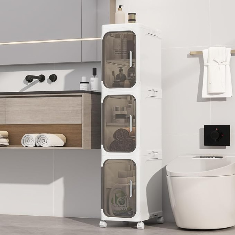 KHNR Narrow Bathroom Cabinet with 3 Levels and Wheels, 20 x 33 x 97 cm, Foldable, Magnetic Door, Waterproof & Mildew Resistant, White with Transparent, PP Plastic Shelf with Shelves