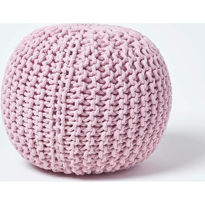 Homescapes Pouf Knitted Pouf Round Floor Cushion, Seat Pouf 35 x 40 cm, Padded Pouf, Pouf with Chunky Knitted Cover Made of 100% Cotton, Knitted Pouf, Pink/Light Pink