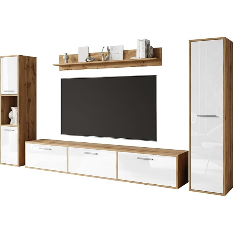 Bogota Lounge Set, Living Room Furniture Set, Various Colours, Modern Living Room Furniture (Wotan/Glossy White)