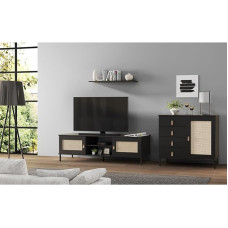 Lomadox Wohnm?Bel Set of 2 in Solid Pine Black with Rattan Insert TV Board Sideboard Living Room Boho Chic