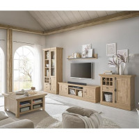 Living Room Set in Oak with Black 5 Pieces, Country House Style, 1 Coffee Table, 1 Chest of Drawers, 1 Lowboard, 1 Wall Shelf and 1 Display Cabinet with LED Lighting