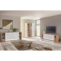 Lomadox Wohnzimmer-Set mit Sideboard & Vitrinenschränken in Eiche mit weiß, inkl. LED Beleuchtung, modern, Wohnzimmermöbel 4-teilig