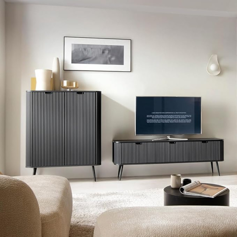 Living Room Set Black Grooved with Grooves Lowboard Highboard Feet Metal Black
