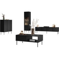 Mirjan24 Cuird I Living Room Set, Add-On Wall, Living Room Cabinet, Handle-Free Opening System, Cupboard Wall, in Set: Chest of Drawers, TV Cabinet, Coffee Table, Display Case (Black)