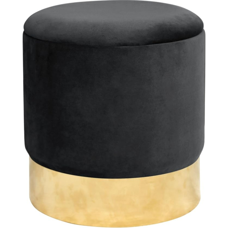 AKORD Golden Velour Stool with Shelf 39 cm | Pouffe | Footstool | Storage for Small Items | Velour Padded | Quilted Pouf | W 39 x H 40 x D | Weight 5.70 kg | Black/Black