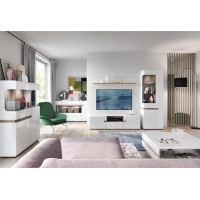 Lomadox Living Room Furniture Set with Lighting in Modern Design, White High Gloss with Truffle Oak Nb.