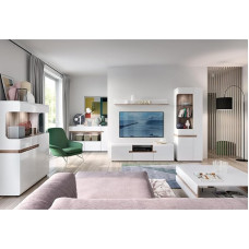 Lomadox Living Room Furniture Set with Lighting in Modern Design, White High Gloss with Truffle Oak Nb.