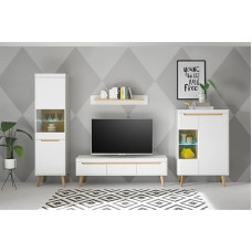 Lomadox Living Room Set in Matt White with Oak, 4-Piece Including Lighting, Standing Display Cabinet, TV Lowboard, Wall Shelf
