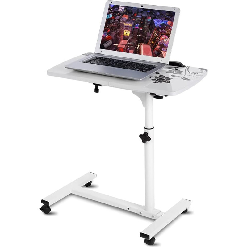 Mobile Laptop Table, Side Table on Wheels, Care Table for Bed, Height Adjustable, Computer Desk, Notebook Table, White, Breakfast Table, Laptop Stand, for Sofa, Bedroom, Office