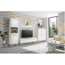 Lomadox Living Room Complete Set in Matt White with Oak, 5-Piece Including Coffee Table, Highboard, TV Lowboard, Wall Shelf, Standing Display Cabinet and Lighting