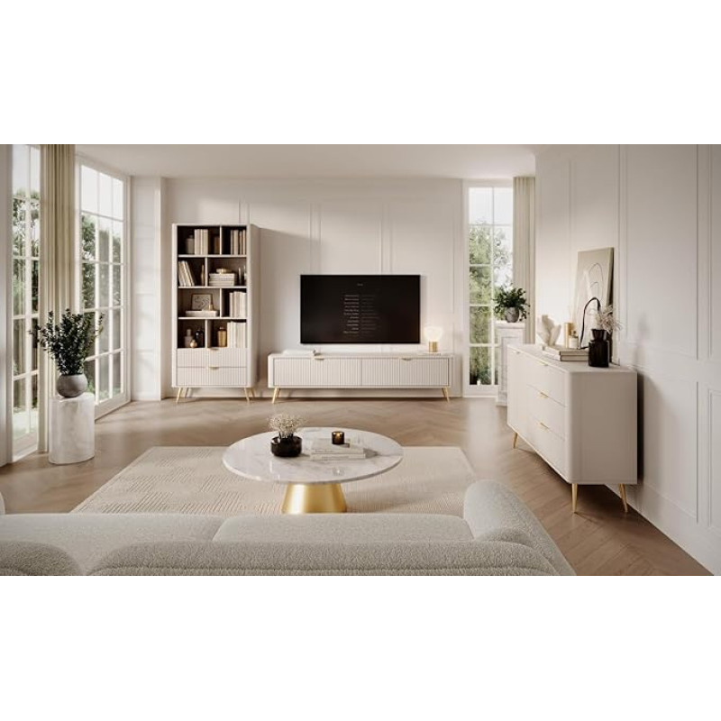 Liza Wall Unit, Modern Living Room Furniture Set in Elegant Glamour Style, Gold Accents, MDF Fronts, Sand Beige, Cabinet Wall, Mounting Wall, TV Lowboard, 13