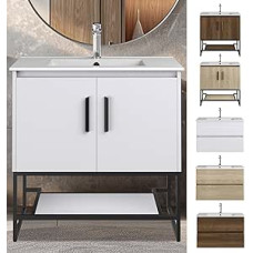 VILSTEIN Floor Unit Standing, Pre-Assembled, Sink with Base Cabinet, Vanity Unit with Double Door, Vanity Unit with Base Cabinet, White, 80 cm