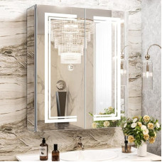 Janboe High Quality LED Medicine Cabinet, Illuminated Medicine Cabinet, 3 Colors and Dimmable, Demister, Illuminated Glass Shelf, USB Shaver Socket, Surface Mount or Recess Mounting, 24 x 30 Inch