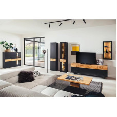 Lomadox Living Room Furniture Complete Set 6 Pieces Including LED Lighting Black Grey Varnished with Wild Oak Solid Oiled