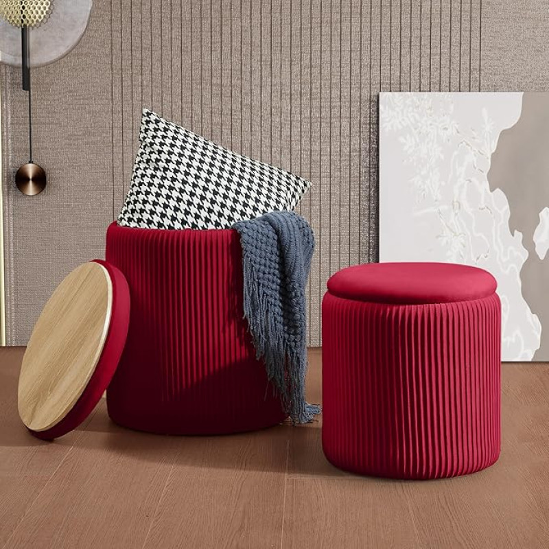 Runder Ottomane mit Stauraum, 2er-Set, multifunktionaler Schminkhocker für Make-up-Linien, Unterstützung 136 kg, gepolsterte Samt-Fußstütze, Couchtisch, gepolsterter Sitz für Wohnzimmer