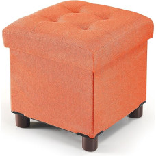 BRIAN & DANY Small Ottoman Storage Box 32 x 32 x 32.5 cm, Linen Footstool with Wooden Legs, Footstool with Lid for Living Room, Bedroom, Orange