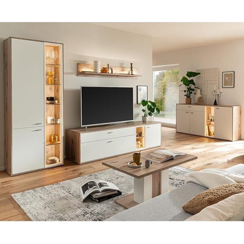 Living Furniture Set of 5 Oak White Modern Wall Unit 1 Display Cabinet 1 Wall Shelf 1 Lowboard 1 Sideboard 1 Coffee Table with LED Lighting