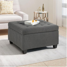 Ball & Cast Large Square Ottoman Upholstered Coffee Table with Button, Linen Footrest with Wooden Legs for Living Room, Dark Grey