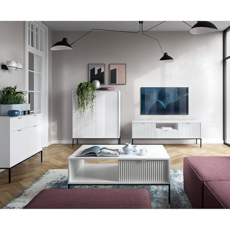 Home Furniture Set Wall Unit White Base Frame Black 4 Pieces 1 Highboard 1 Chest of Drawers 1 Coffee Table 1 Lowboard