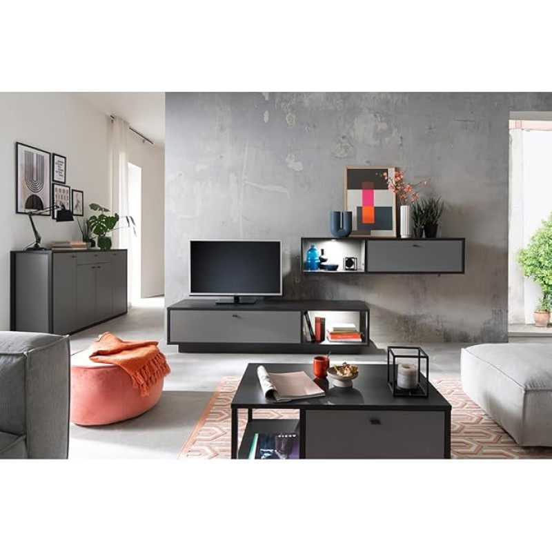 Living Room Furniture Set Grey 4-Piece Modern with Anthracite, 1 Sideboard, 1 Lowboard, 1 Wall Cupboard, 1 Coffee Table