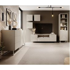 Wohnwand Wohnmöbel Set Kaschmir mit gerillter Front 6-teilig, Sideboard, Regalschrank, Lowboard, 3 Hängeschränke grifflos, Push-to-Open, Metallgestell kaschmirfarben