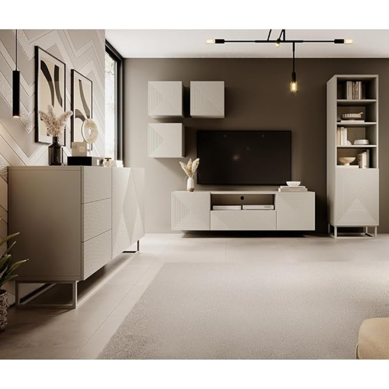 Wohnwand Wohnmöbel Set Kaschmir mit gerillter Front 6-teilig, Sideboard, Regalschrank, Lowboard, 3 Hängeschränke grifflos, Push-to-Open, Metallgestell kaschmirfarben