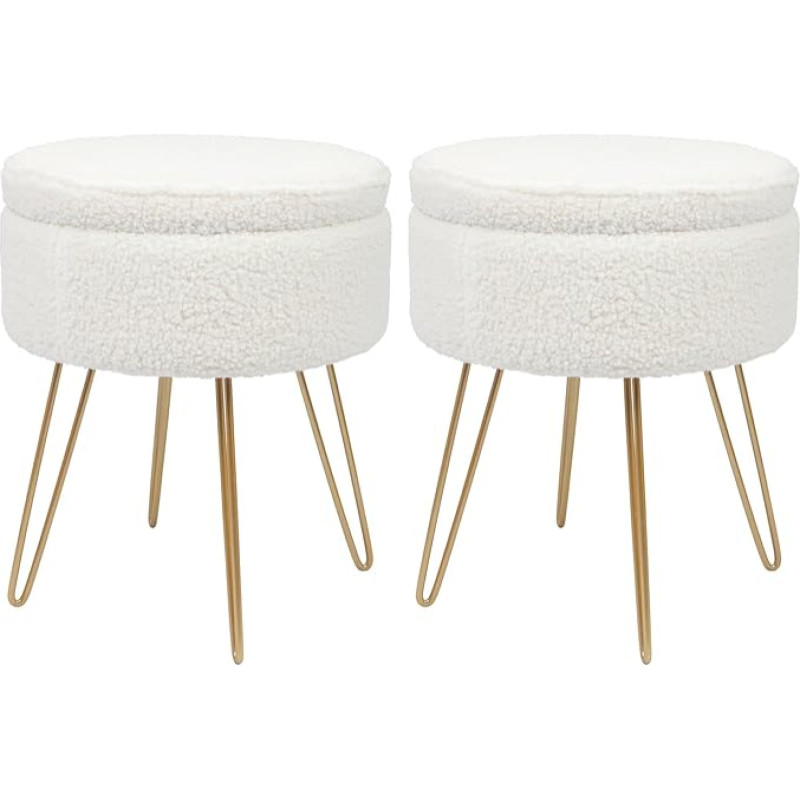 Harbour Housewares 2 x Cream / Gold H46 x D37 cm Round Bouclé Footstool with Storage Space - Living Room Dressing Table Footstool Ottoman Pouf Chair Seat