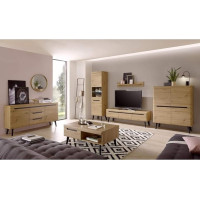 Lomadox Modern Wall Unit Complete Set in Artisan Oak with Black, Scandinavian Design, Deep Drawn MDF Fronts, Solid Wood Feet, with Lighting, 4-Piece Wall Panel, Sideboard, Coffee Table