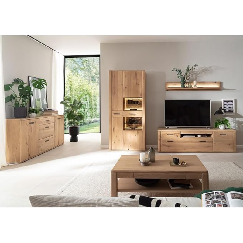 Living Furniture Set Wall Unit Oak Partially Solid 5 Pieces Sideboard Display Cabinet Wall Shelf Lowboard Coffee Table with LED Lighting