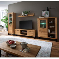 Wohnwand Wohnmöbel in Eiche teilmassiv mit Couchtisch, 169 cm Lowboard & LED-Beleuchtung, 5-teilig, Echtholz/Massivholz-Fronten, geölt