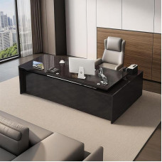 ZDFTGKM Moderner L-förmiger Chefschreibtisch mit Holzregalen, Schränken und Kabelmanagement, Arbeitsplatz für das Home Office (schwarzer linker Schrank, 62,9