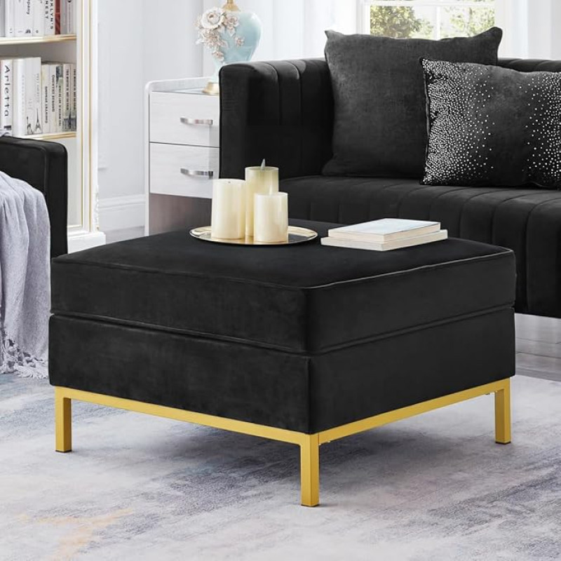 24KF Mid-Century Modern Padded Square Sofa Ottoman Couch Ottoman Upholstery Cushion Coffee Table Ottoman Large Footrest Ottoman for Sofa Couch Black
