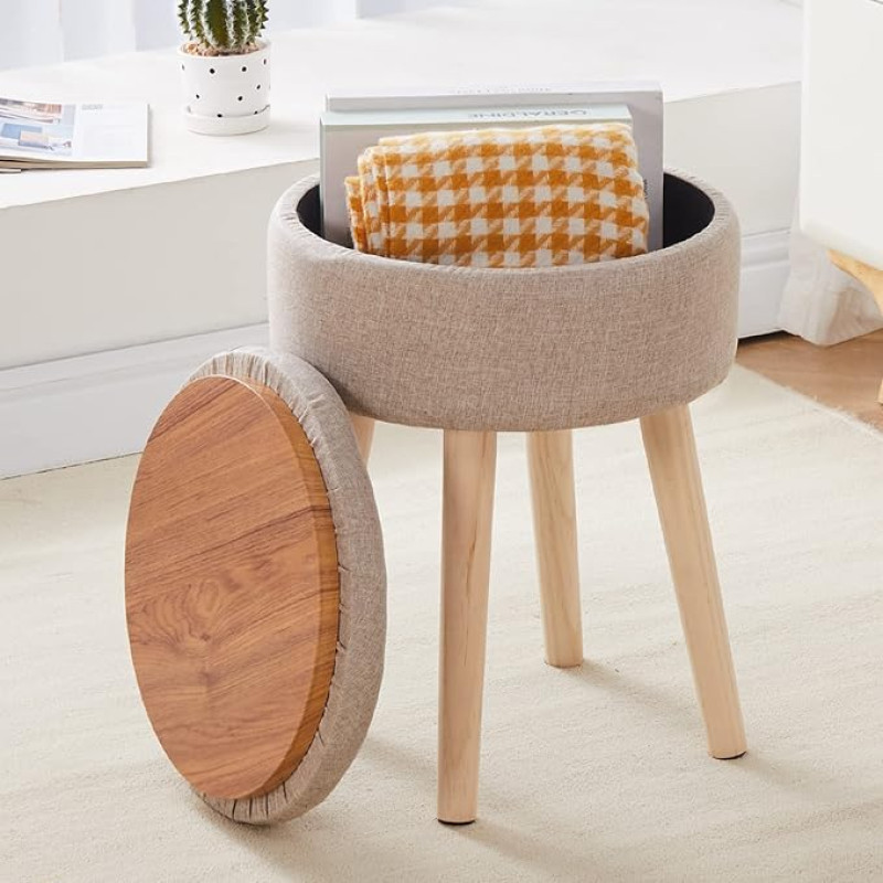 Mxfurhawa Storage Ottoman Linen Round Makeup Stool Tray Modern Footstool with Wooden Legs Multifunctional Padded Footstool for Living Room Bathroom Makeup (Khaki)