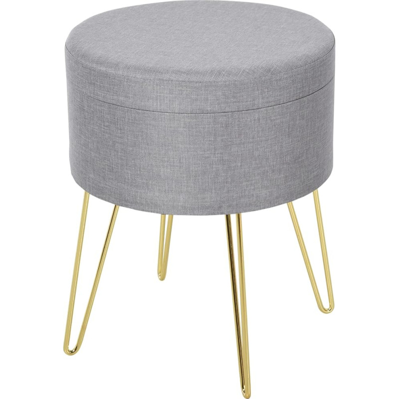 HOMCOM 2-in-1 Storage Pouf with Stool and Coffee Table Function, Wood and Grey Fabric, Metal with Gold Finish, 36 x 36 x 45 cm