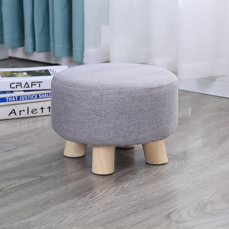 GGoty Wooden Footstool Ottoman Stool Round Linen Chair Small with 4 Legs Padded for Shoes Living Room Bedroom (28x20cm, Grey)