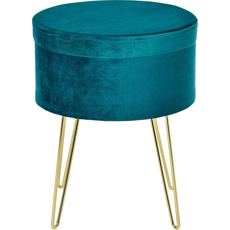 HOMCOM 2-in-1 Storage Pouf with Stool and Side Table Function, Wood and Green Fabric, Metal with Golden Finish, 36 x 36 x 45 cm