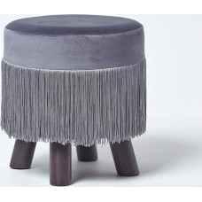 Homescapes Warwick Velvet Footstool, Grey Ottoman with Fringes, Round Decorative Stool with Wooden Legs in Trendy Retro Look, 35 cm High, Silver Grey