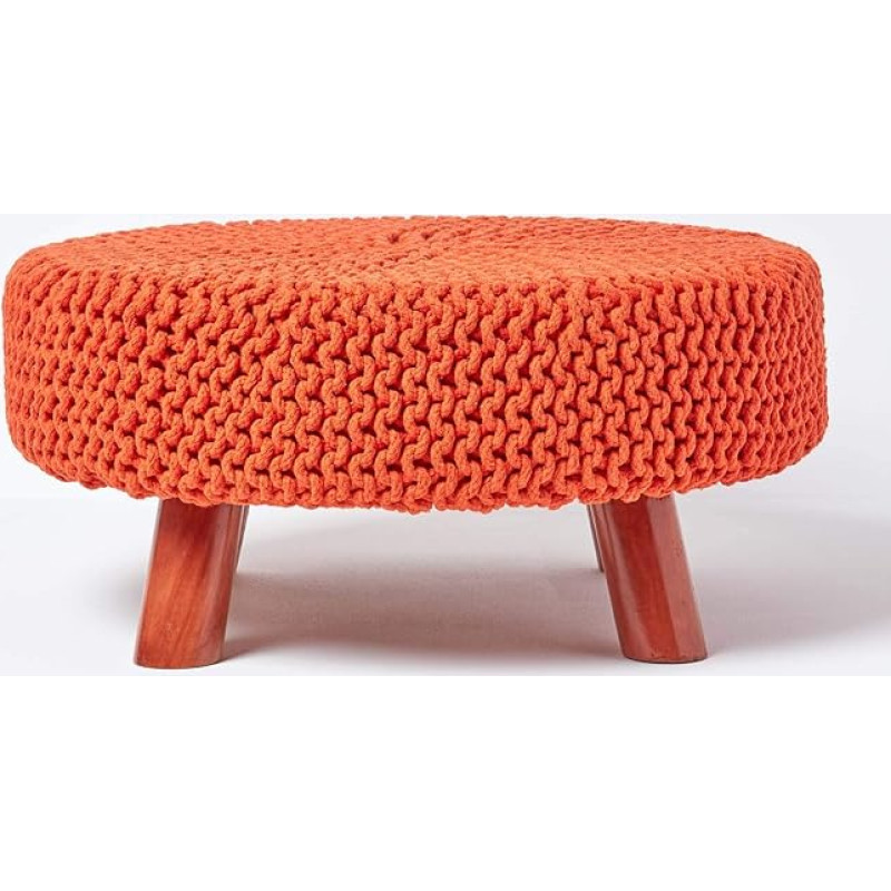 Homescapes Low Round Knitted Stool with Wooden Legs, Orange Footstool 62 x 62 x 30 cm, Knitted Stool with Chunky Knitted Cover Made of 100% Cotton