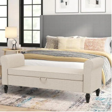 Changjie Furniture Modern Fabric Bench with Armrests Button Tufted Footstool Ottoman Bench for Living Room Bedroom Light Beige