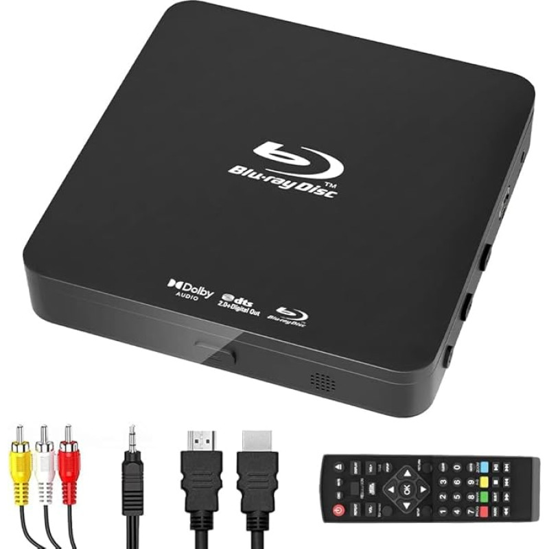 Full HD 1080P Blu Ray Disc Player Dolby Audio, kõik DVD-d ja piirkonna B 2 Blu-Ray filmide mängimine, toetus Max 128G USB mälupulgale + HDMI/AV väljund + sisseehitatud PAL/NTSC kaablitega